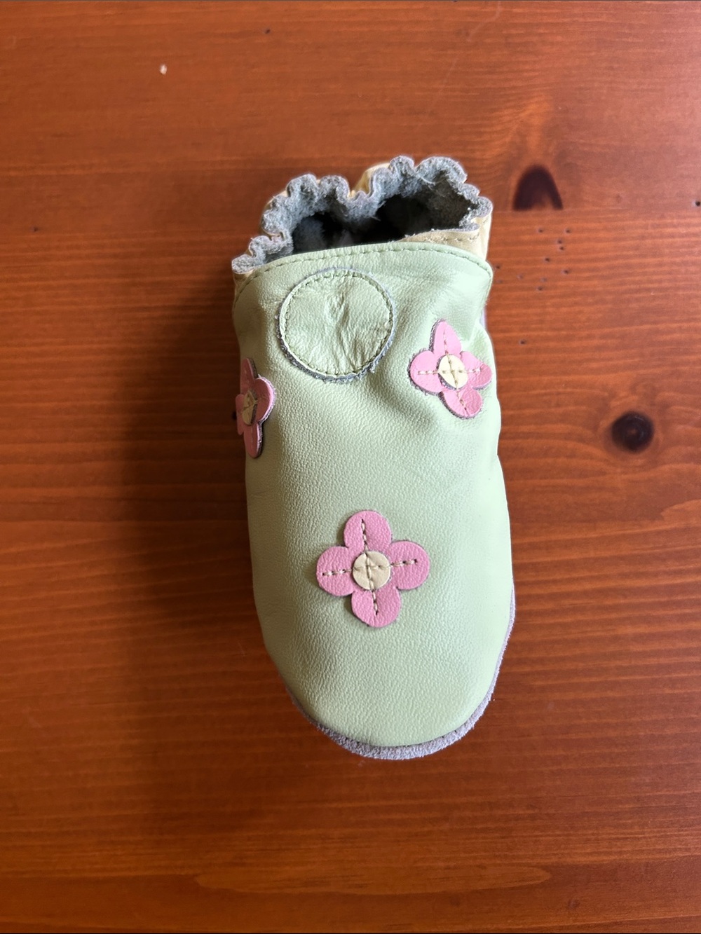 Robeez Soft Leather Slip-On Shoe in Light Green with Pink Flower Accents